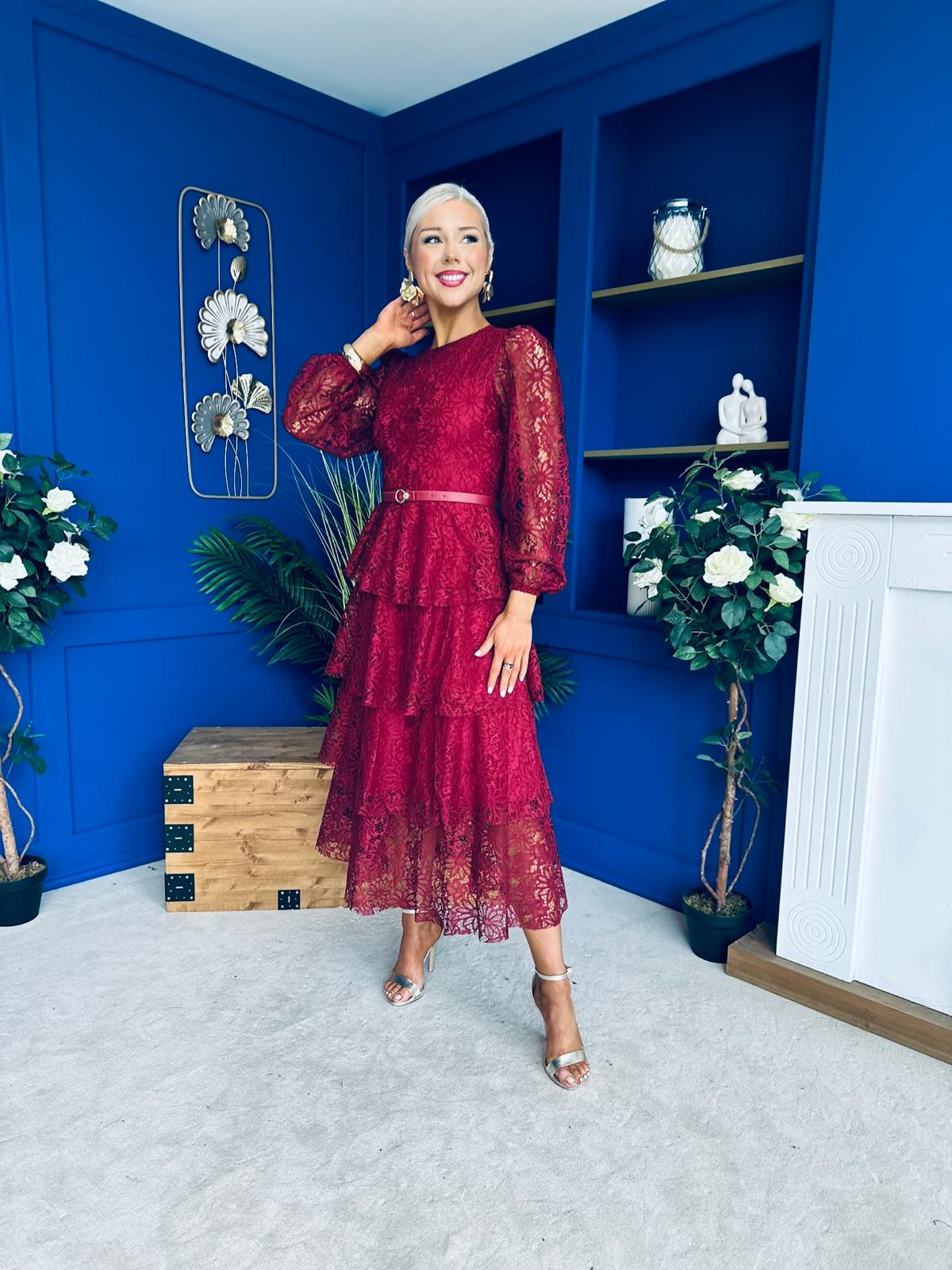 Julia Belted Lace Occasion Dress Wine