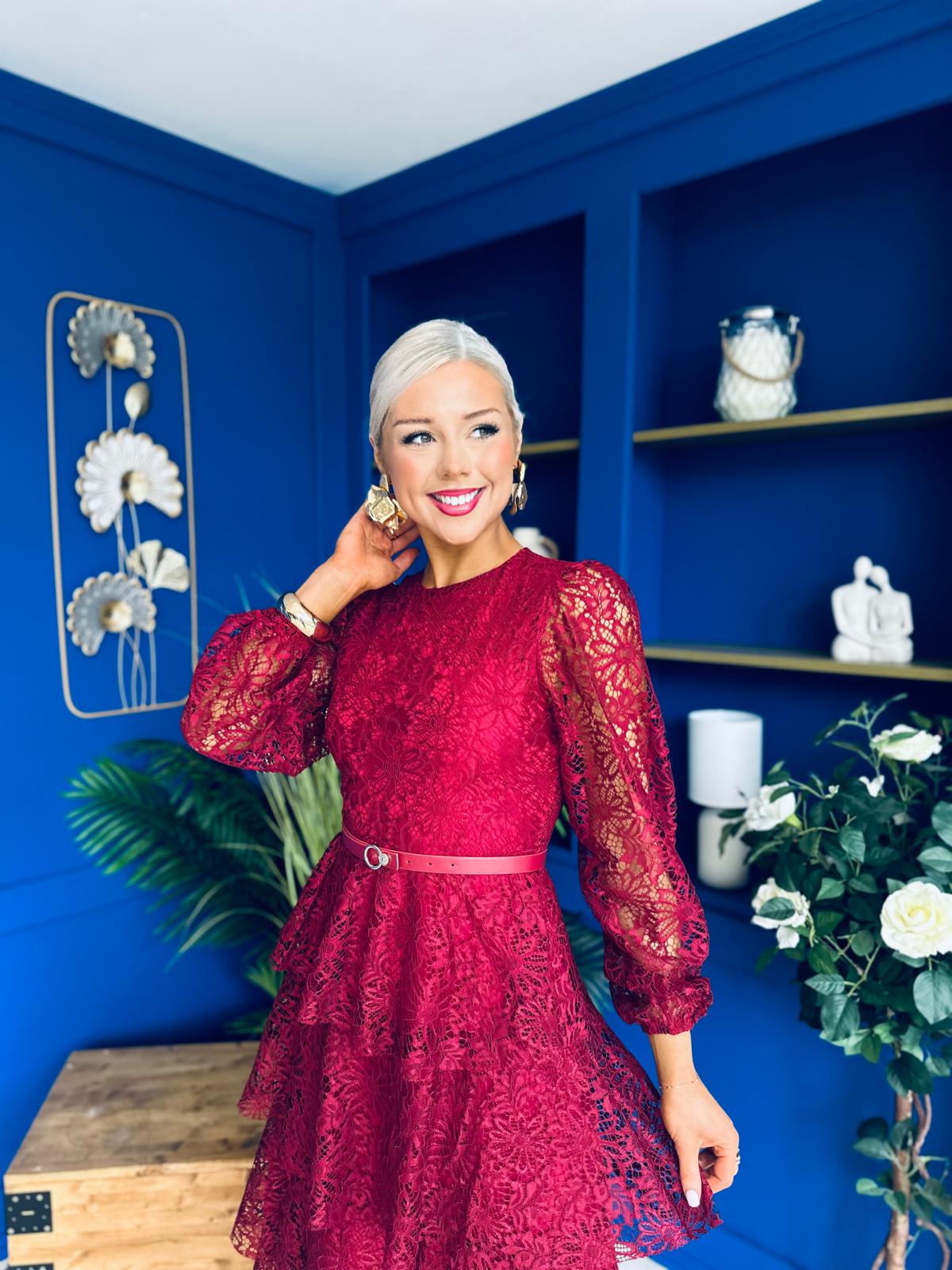 Julia Belted Lace Occasion Dress Wine