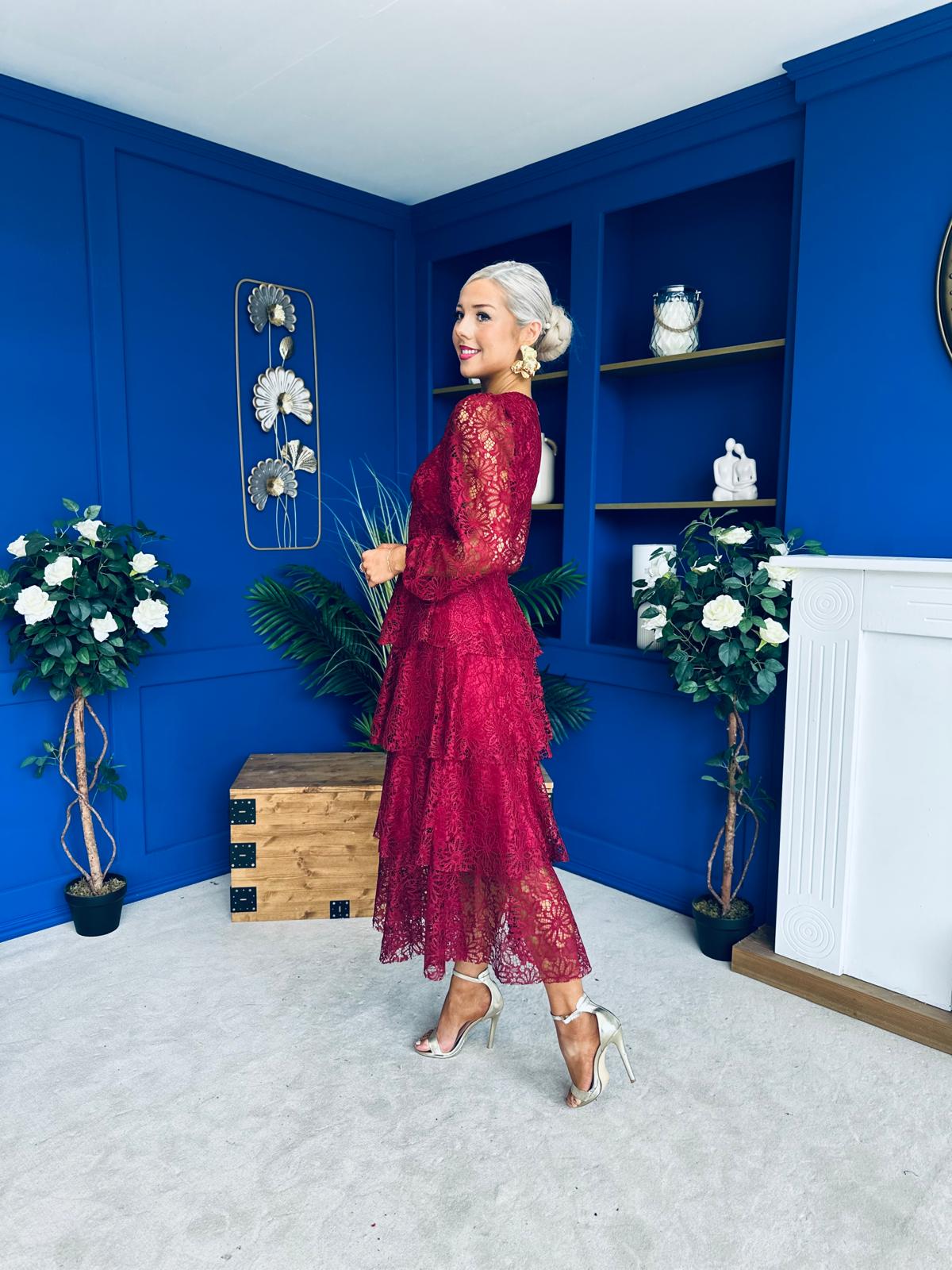 Julia Belted Lace Occasion Dress Wine