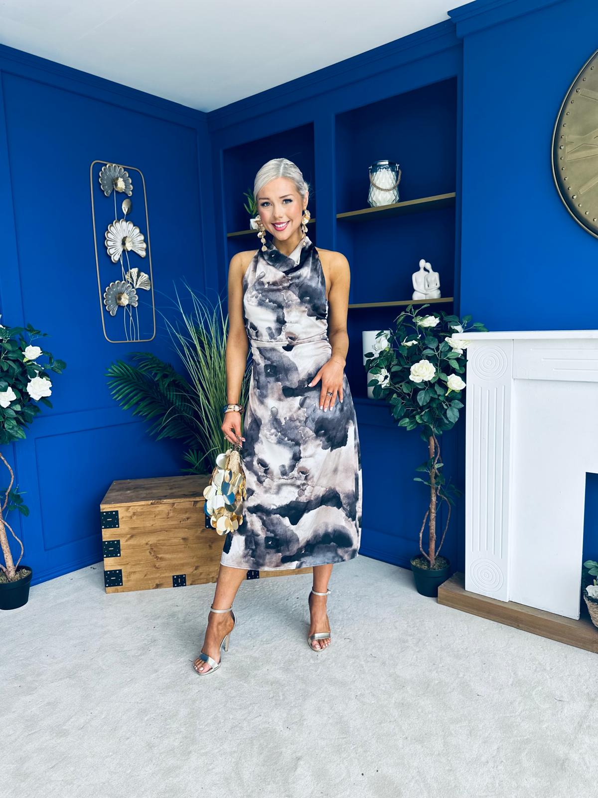 Kaz Cowl Neck Brown Abstract Midi Dress