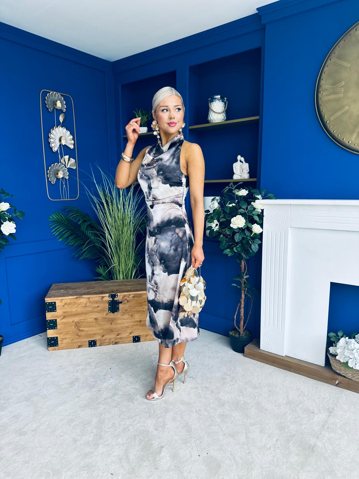 Kaz Cowl Neck Brown Abstract Midi Dress