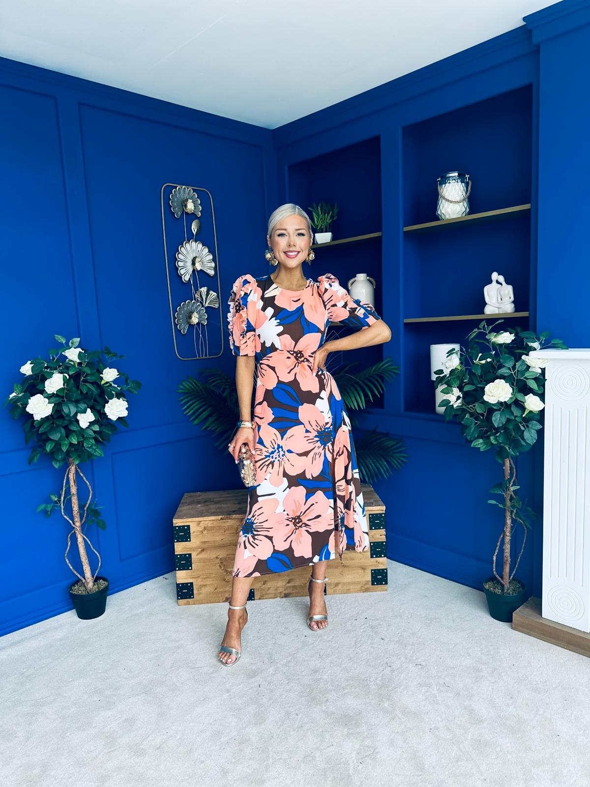 Samira Floral Frill Sleeve Midi Dress Brown Peach