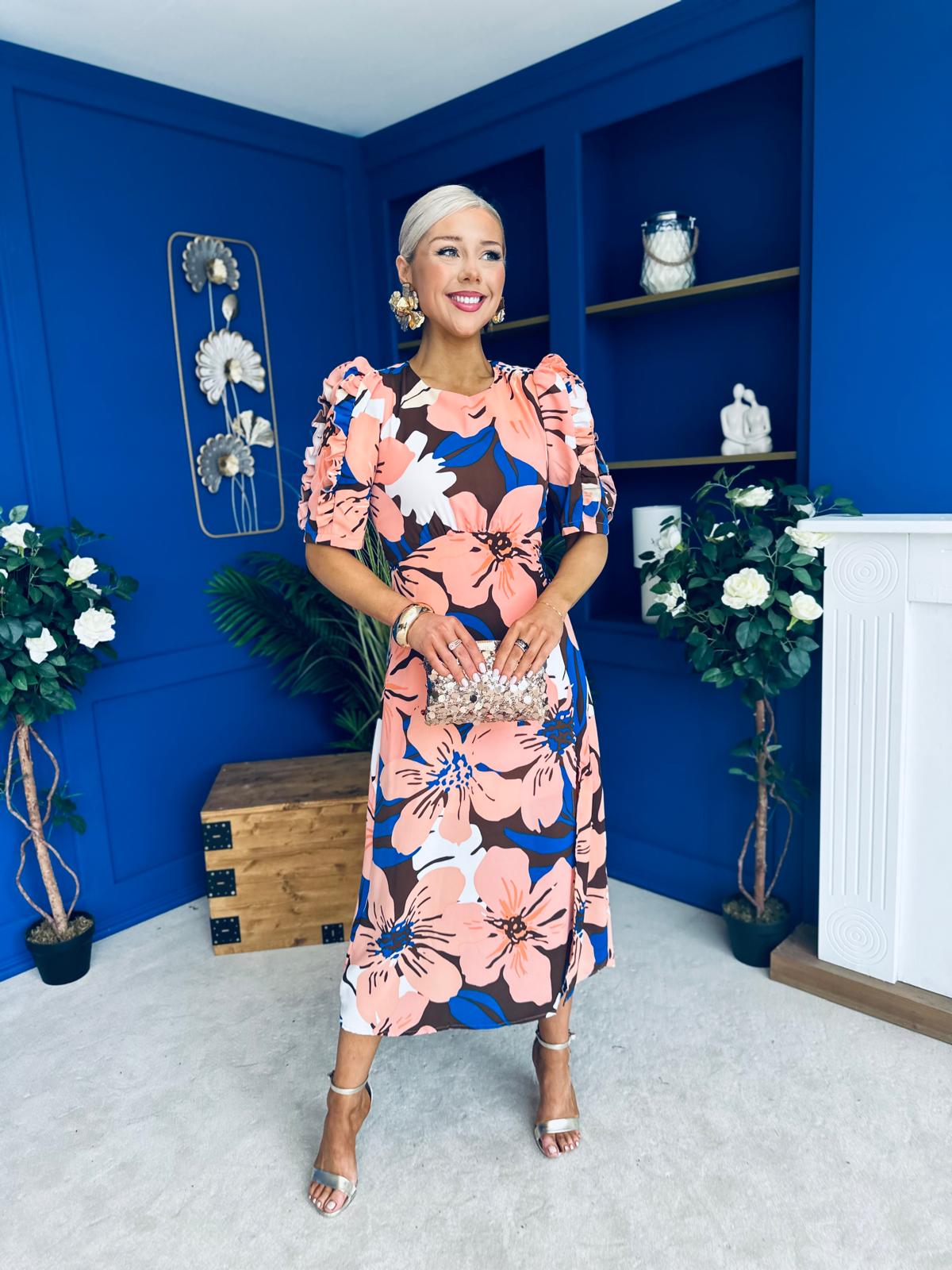 Samira Floral Frill Sleeve Midi Dress Brown Peach