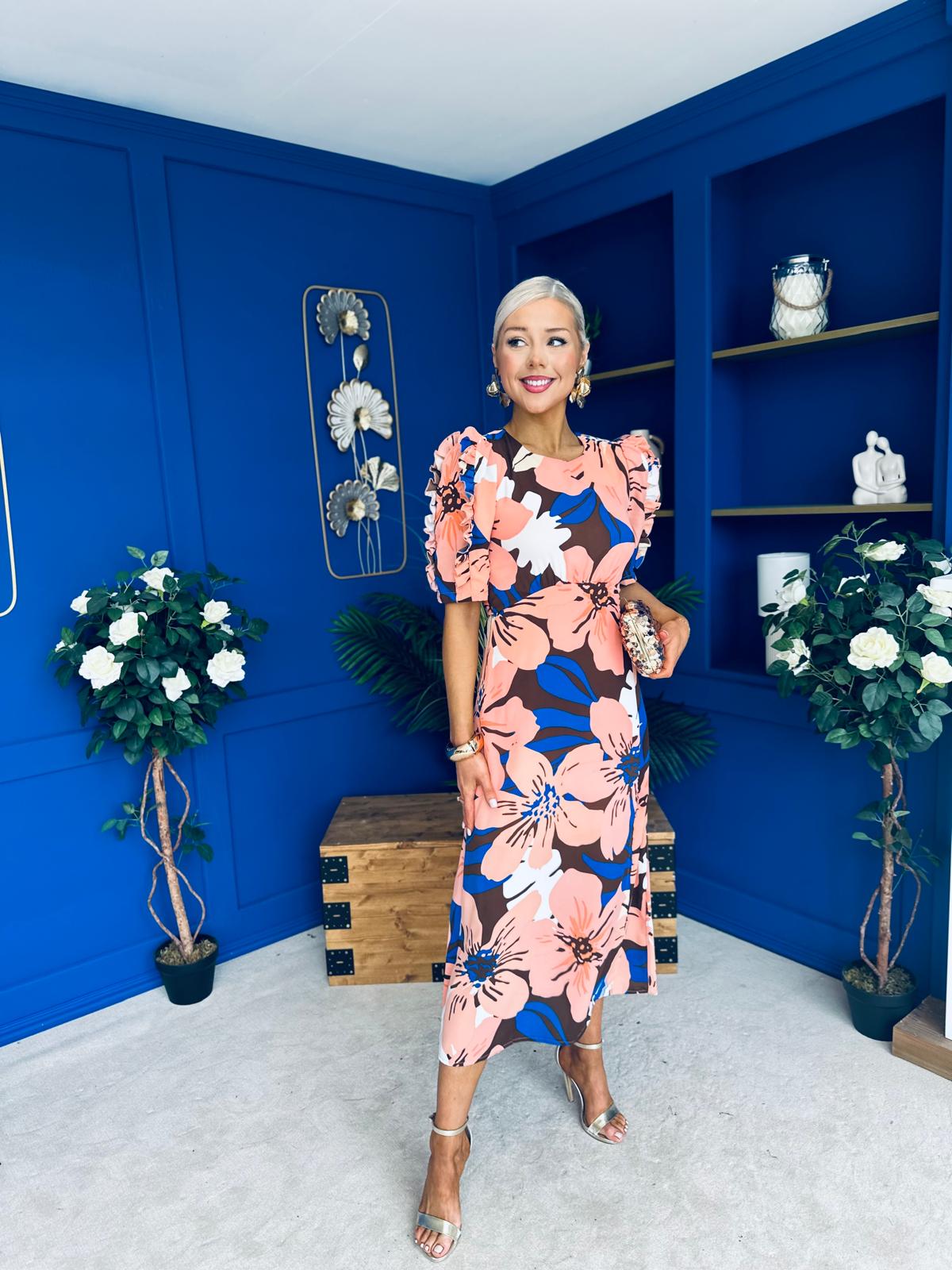 Samira Floral Frill Sleeve Midi Dress Brown Peach