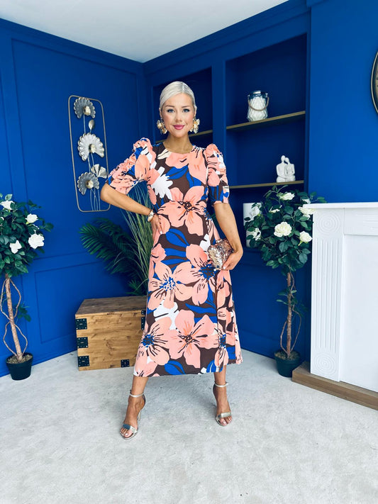 Samira Floral Frill Sleeve Midi Dress Brown Peach