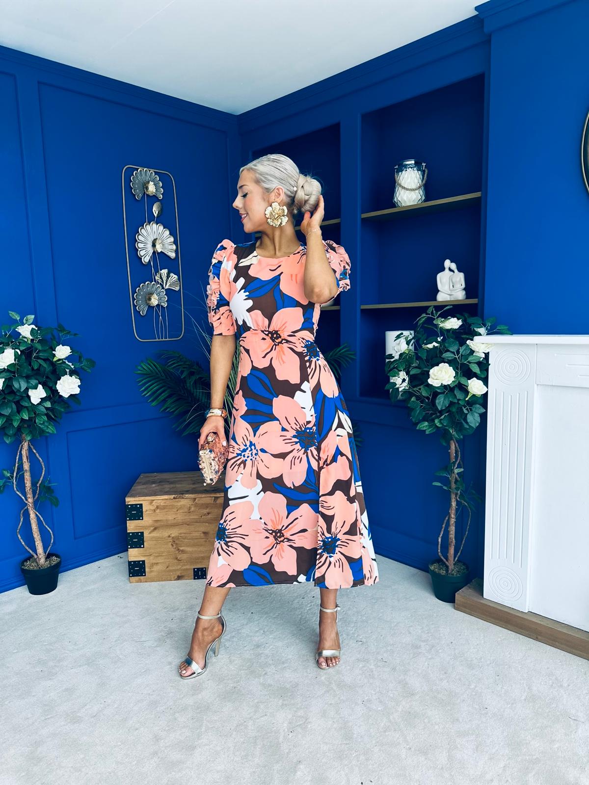 Samira Floral Frill Sleeve Midi Dress Brown Peach