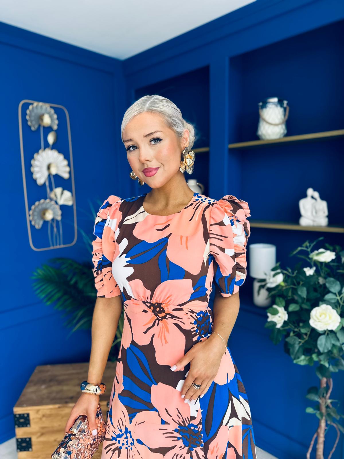 Samira Floral Frill Sleeve Midi Dress Brown Peach