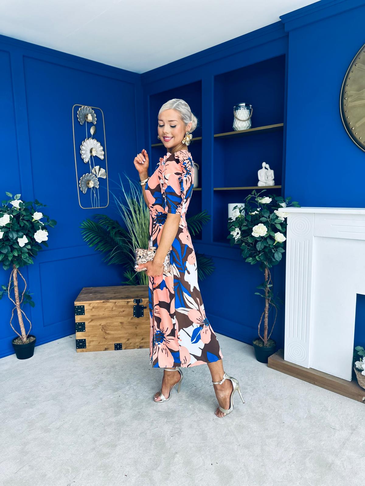 Samira Floral Frill Sleeve Midi Dress Brown Peach