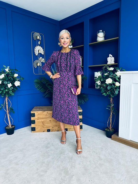 Blaire Detailed Midi Dress Floral Purple