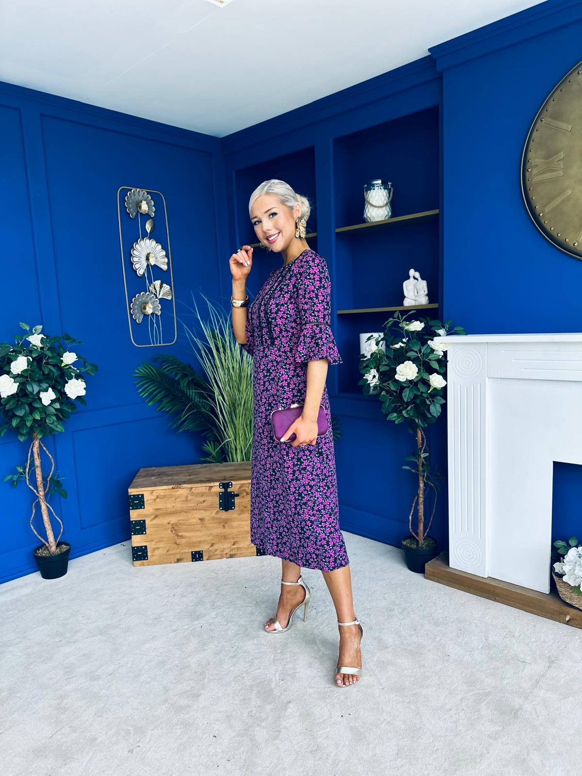 Blaire Detailed Midi Dress Floral Purple