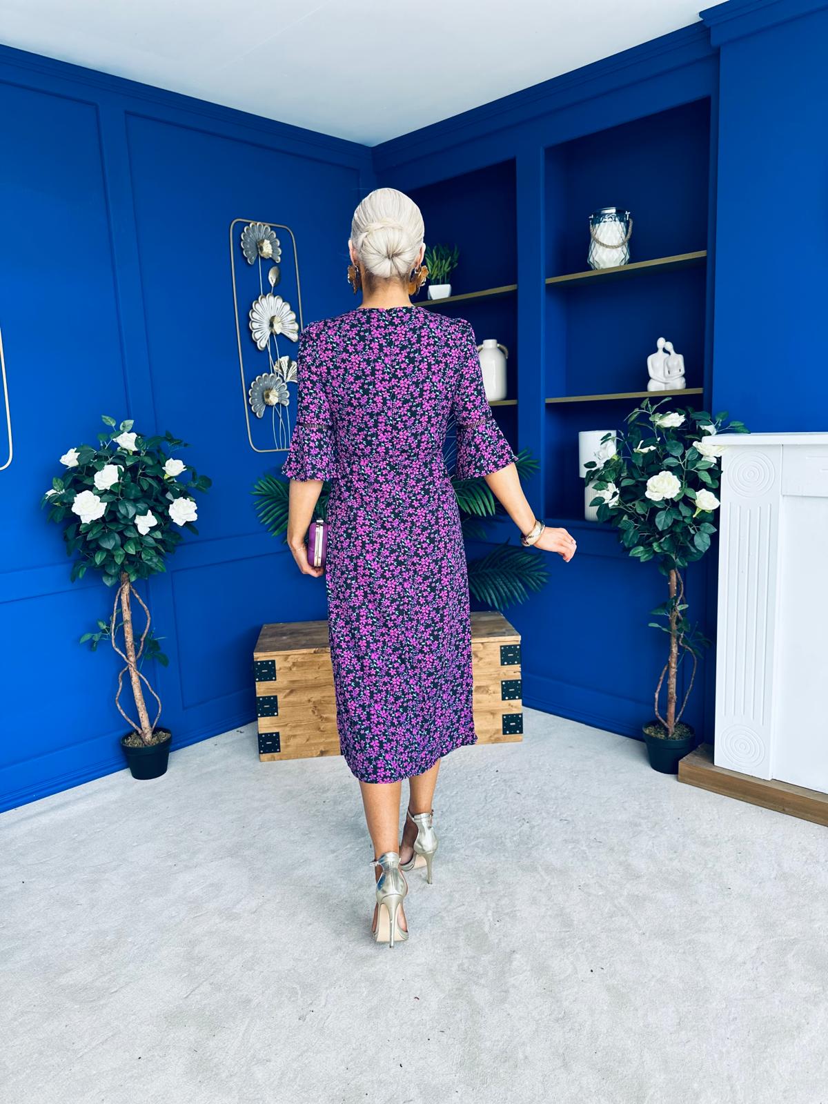 Blaire Detailed Midi Dress Floral Purple