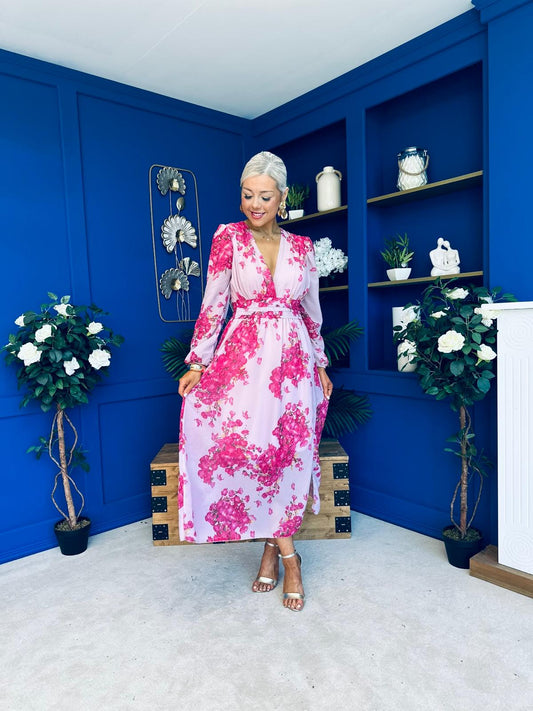 Sabrina Banded Midi Dress Floral Pink