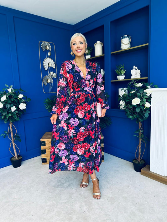 Sabrina Banded Midi Dress Black Floral Multi