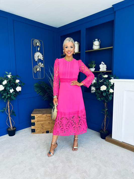 Tiffany Crochet Detail Occasion Dress Pink