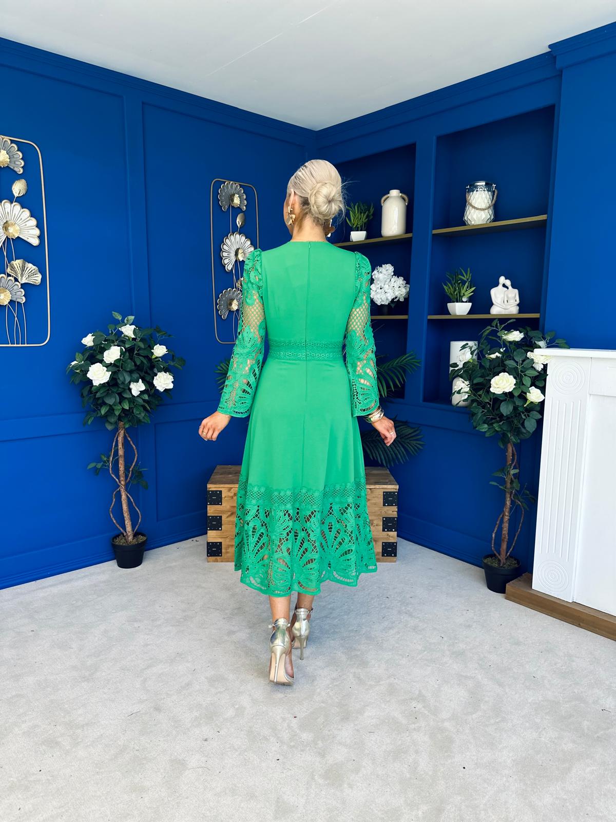 Tiffany Crochet Detail Occasion Dress Emerald