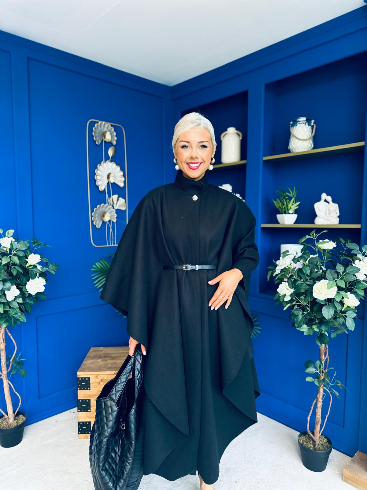 Phoebe Belted Longline Cape Black
