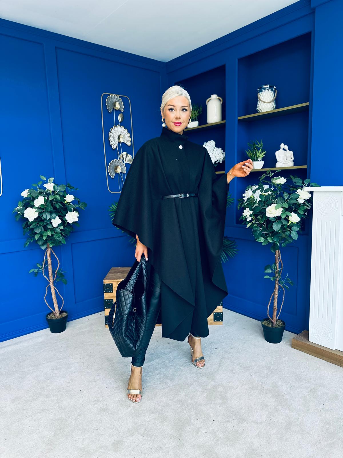 Phoebe Belted Longline Cape Black