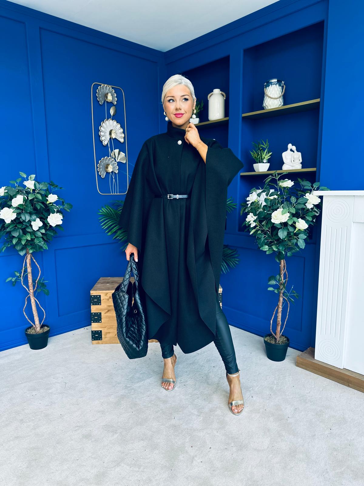 Phoebe Belted Longline Cape Black