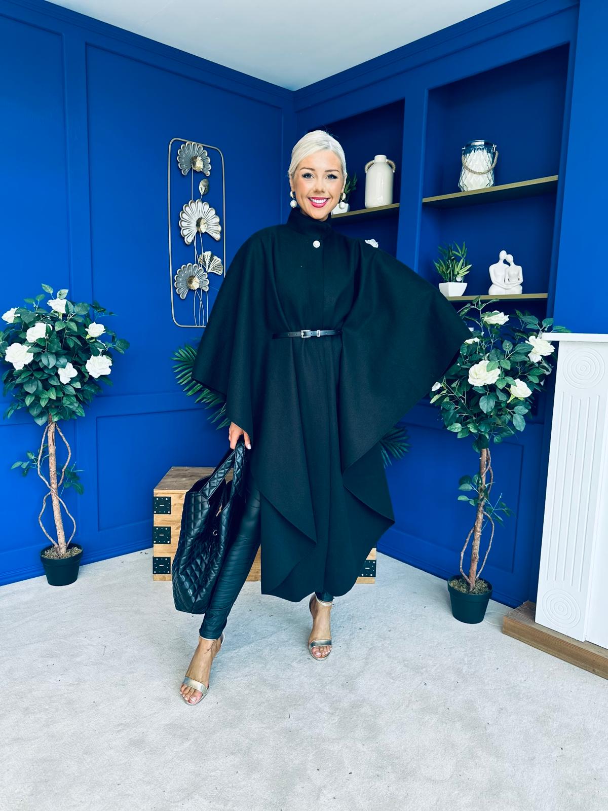 Phoebe Belted Longline Cape Black