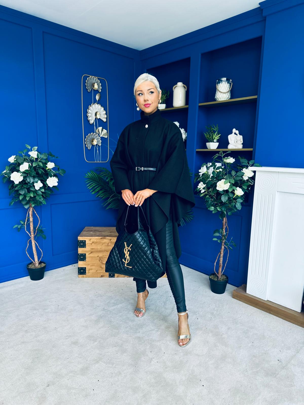 Phoebe Belted Longline Cape Black