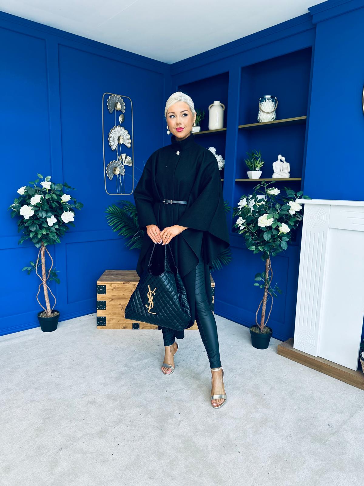 Phoebe Belted Longline Cape Black