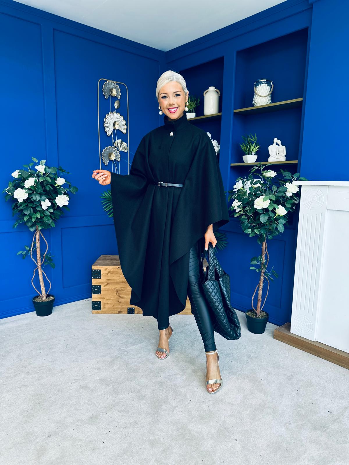 Phoebe Belted Longline Cape Black