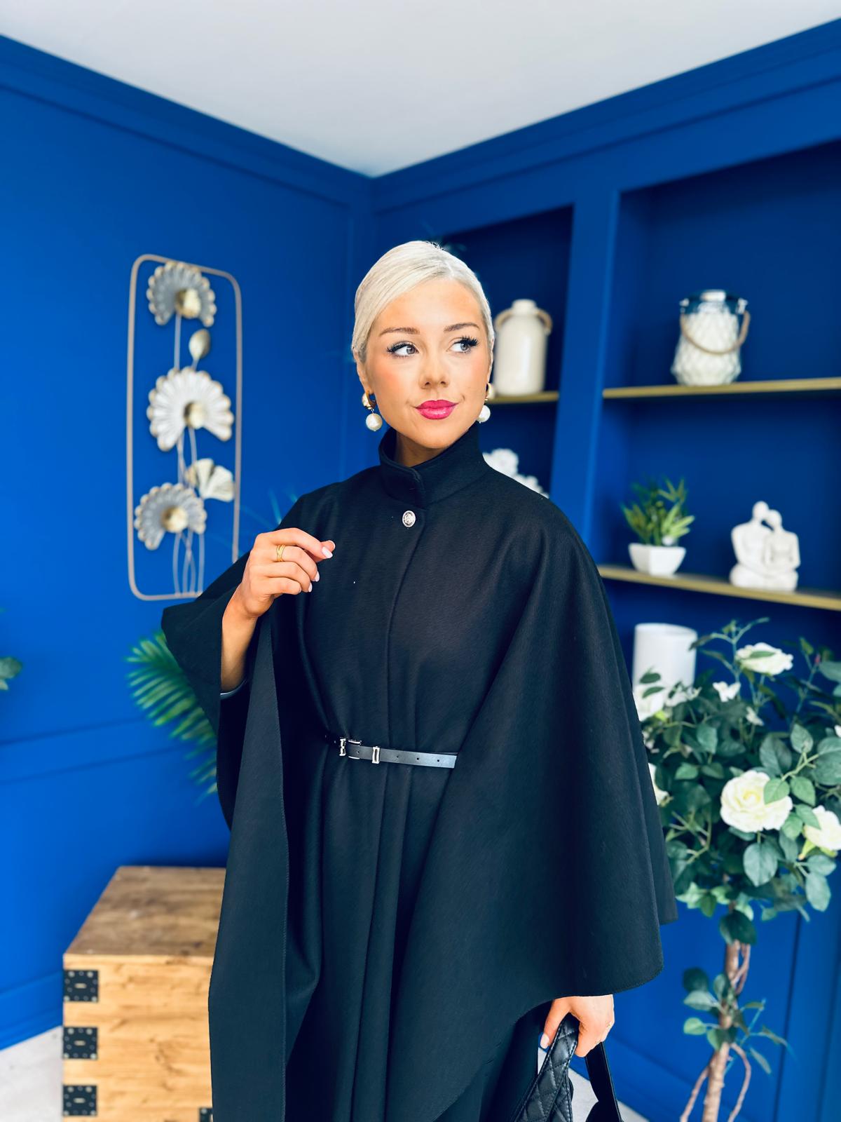 Phoebe Belted Longline Cape Black