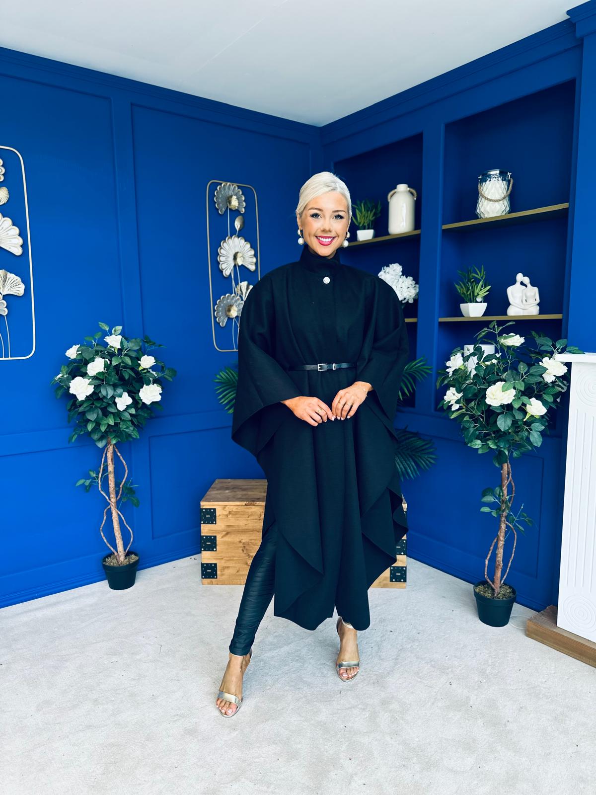 Phoebe Belted Longline Cape Black
