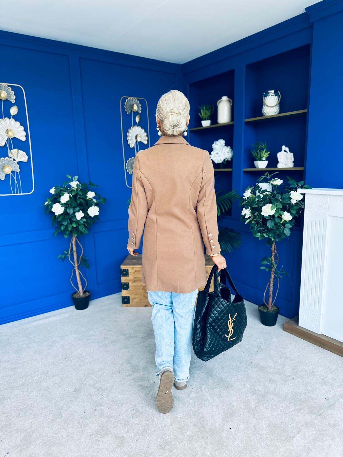 Rachel Button Detail Coat Camel