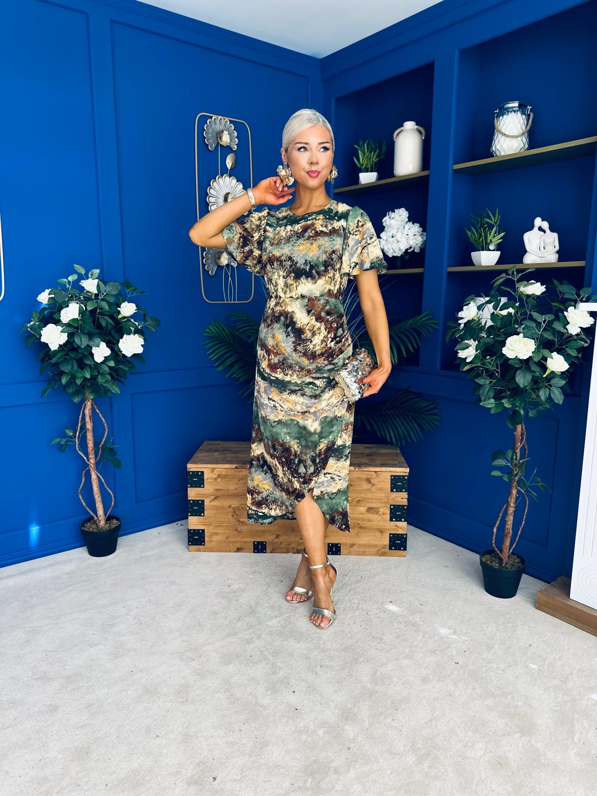 Lucia Ruched Marble Print Midi Dress Green