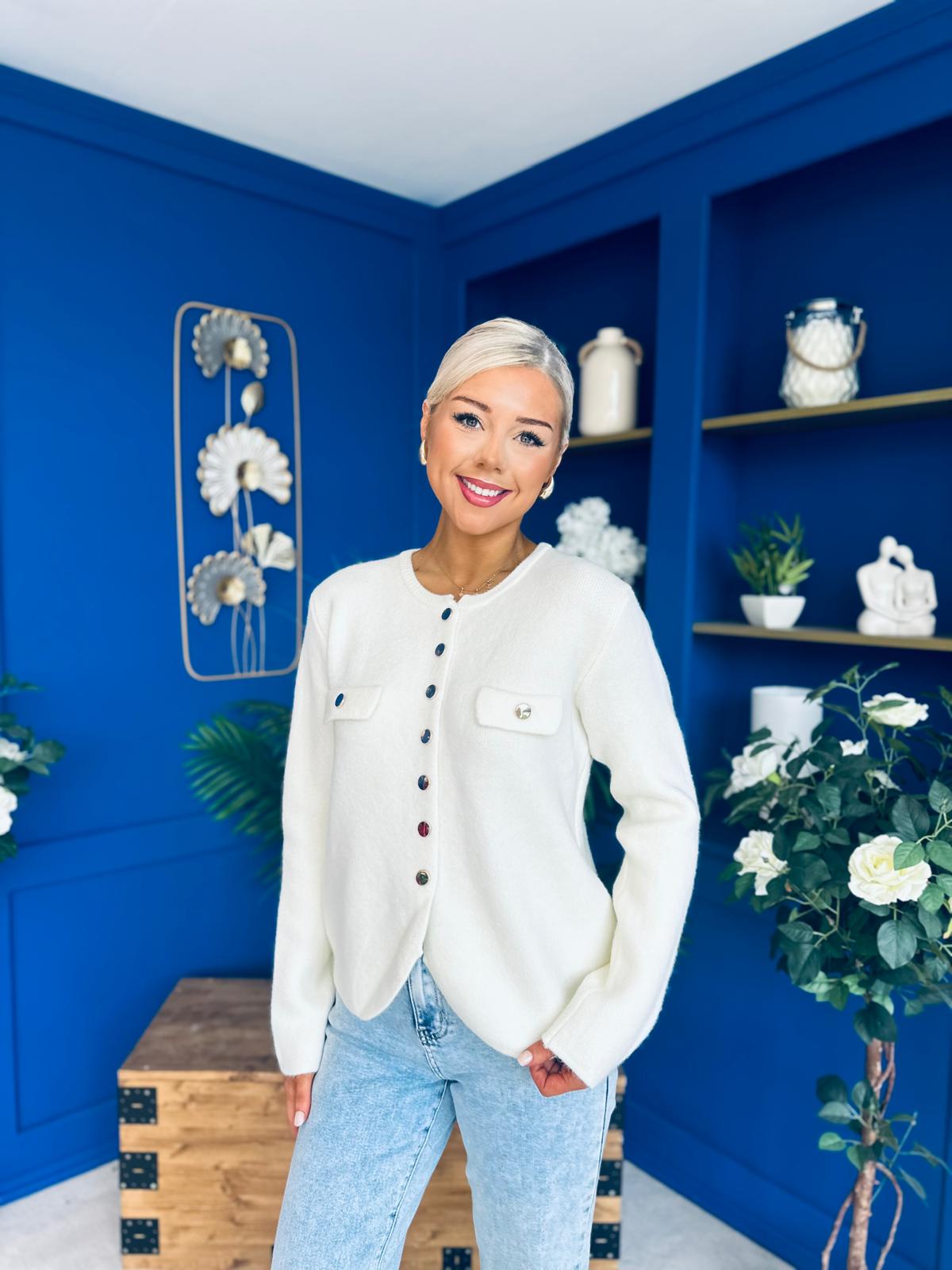 Jen Gold Button Cardi Cream