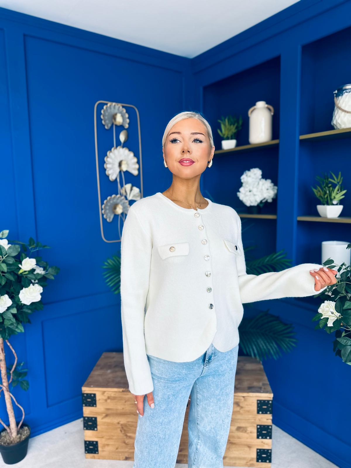 Jen Gold Button Cardi Cream