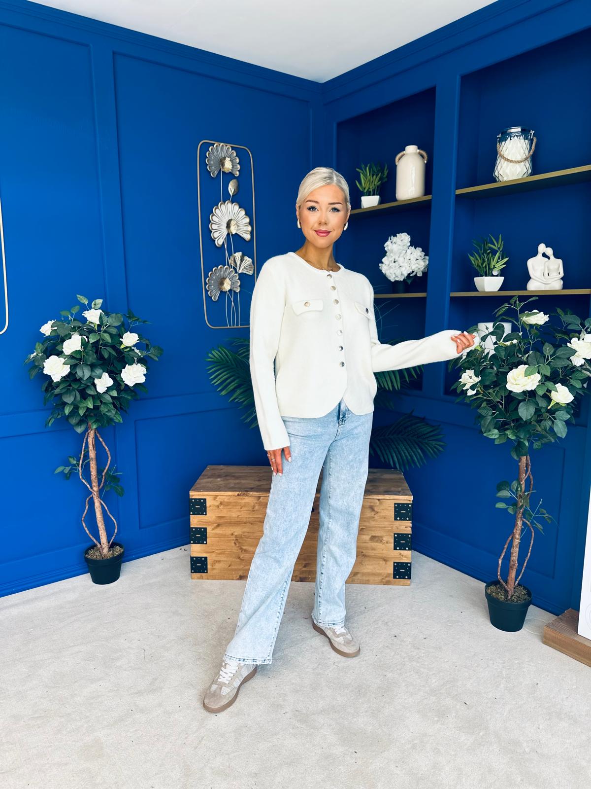 Jen Gold Button Cardi Cream