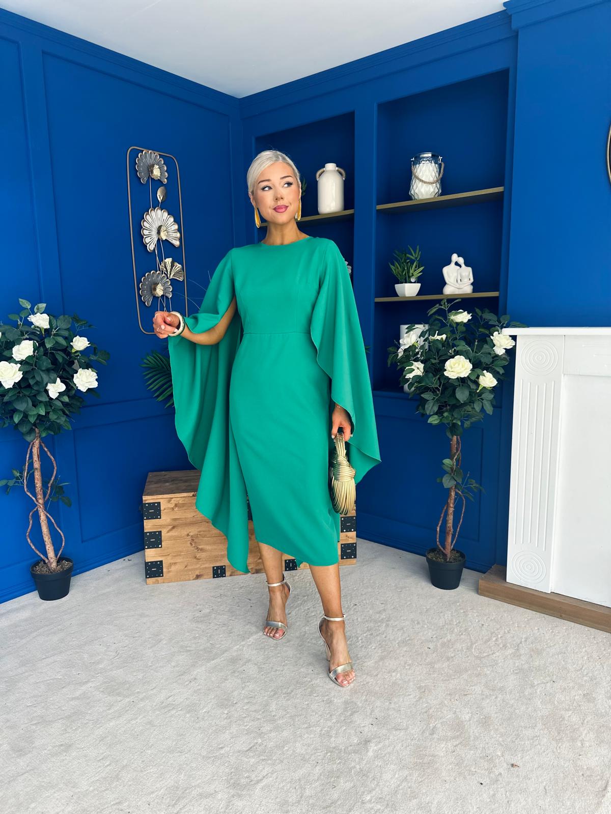Megan Cape Detail Occasion Dress Emerald