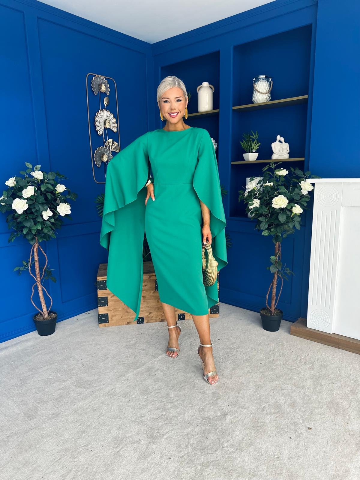 Megan Cape Detail Occasion Dress Emerald