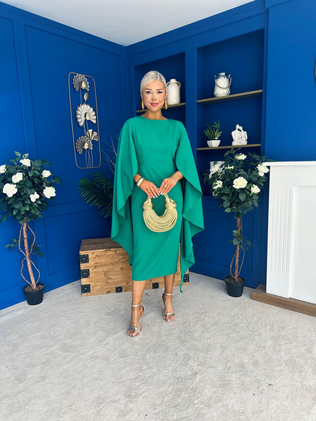 Megan Cape Detail Occasion Dress Emerald