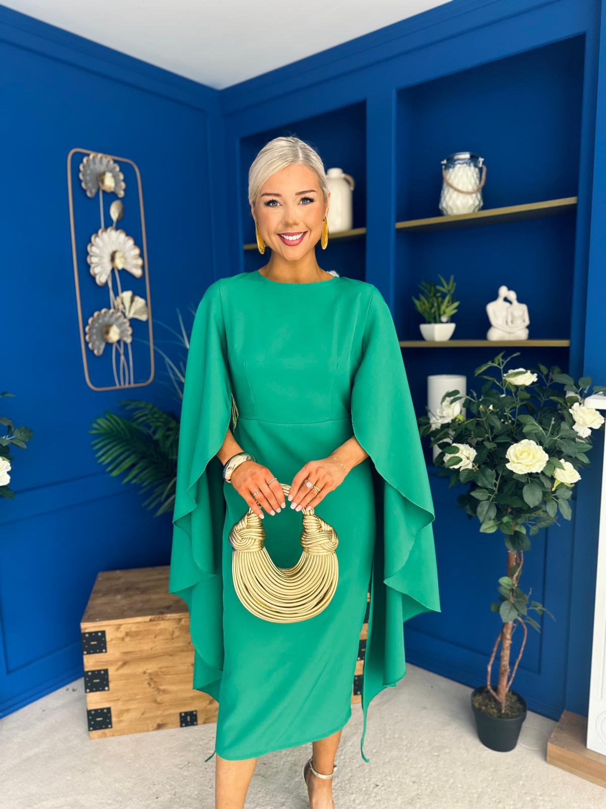 Megan Cape Detail Occasion Dress Emerald