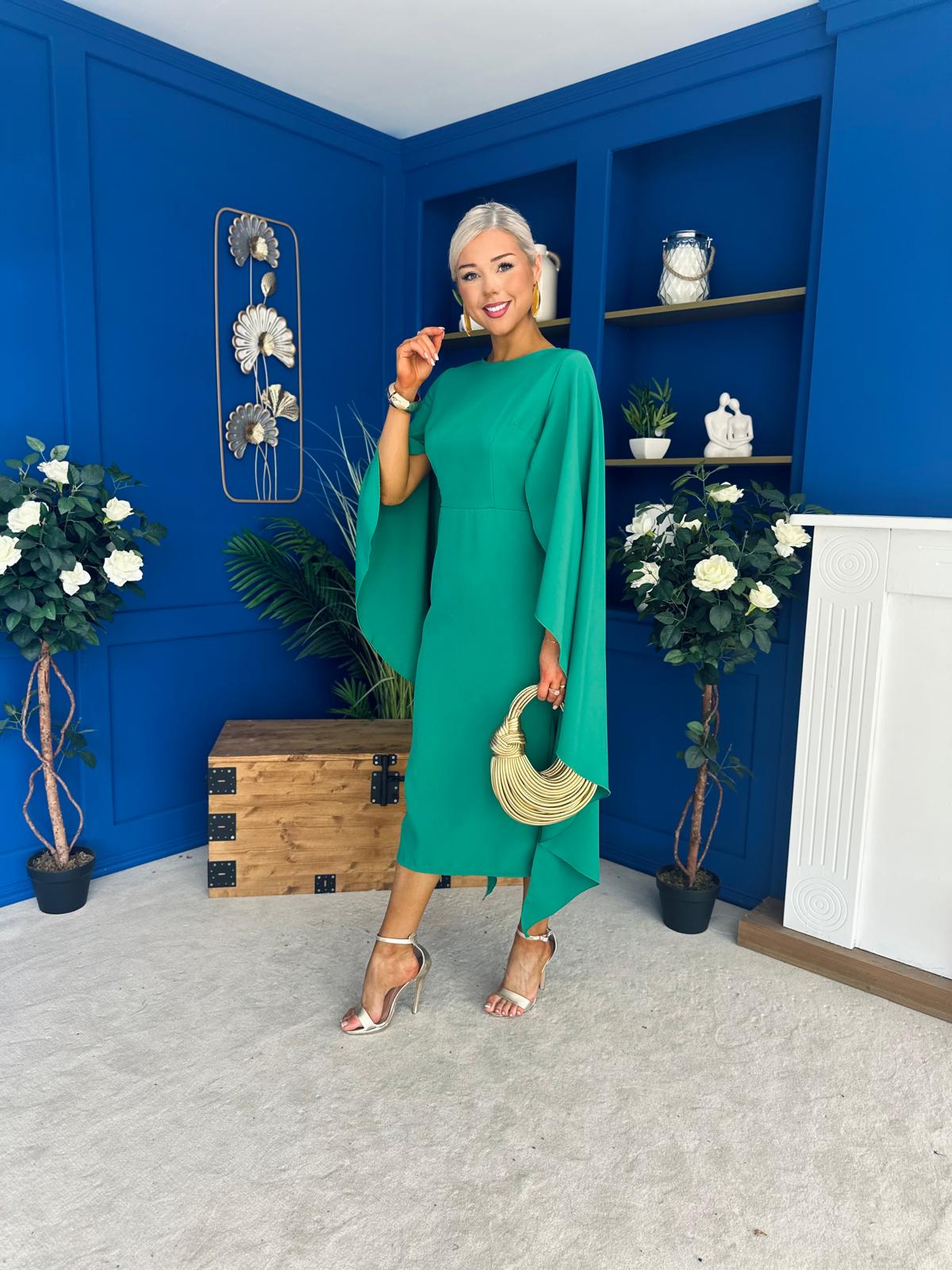 Megan Cape Detail Occasion Dress Emerald