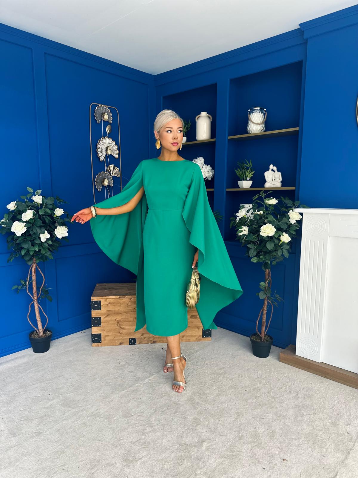 Megan Cape Detail Occasion Dress Emerald
