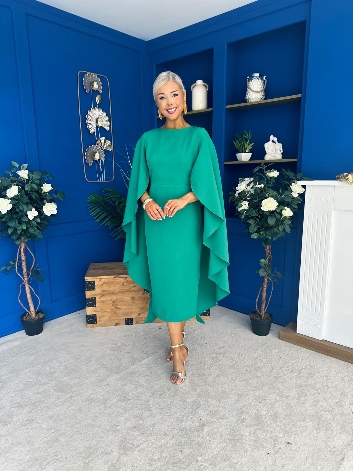 Megan Cape Detail Occasion Dress Emerald