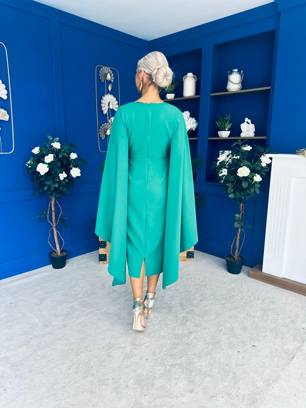 Megan Cape Detail Occasion Dress Emerald