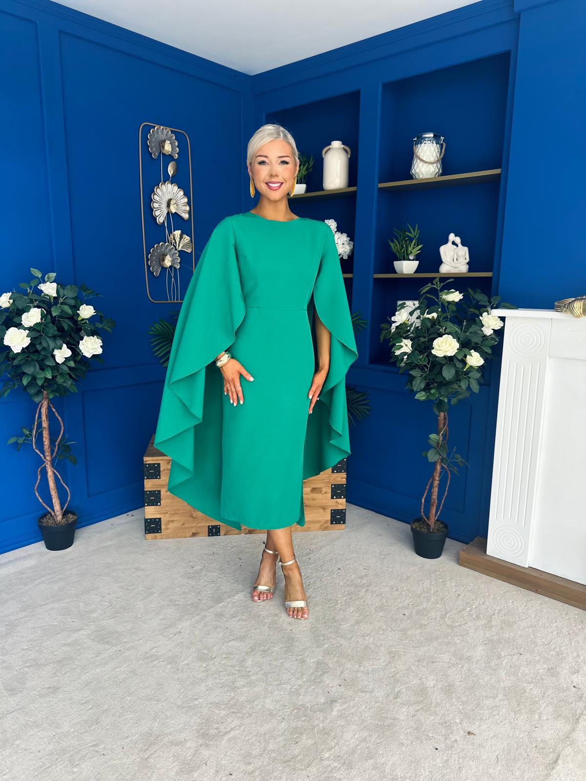 Megan Cape Detail Occasion Dress Emerald