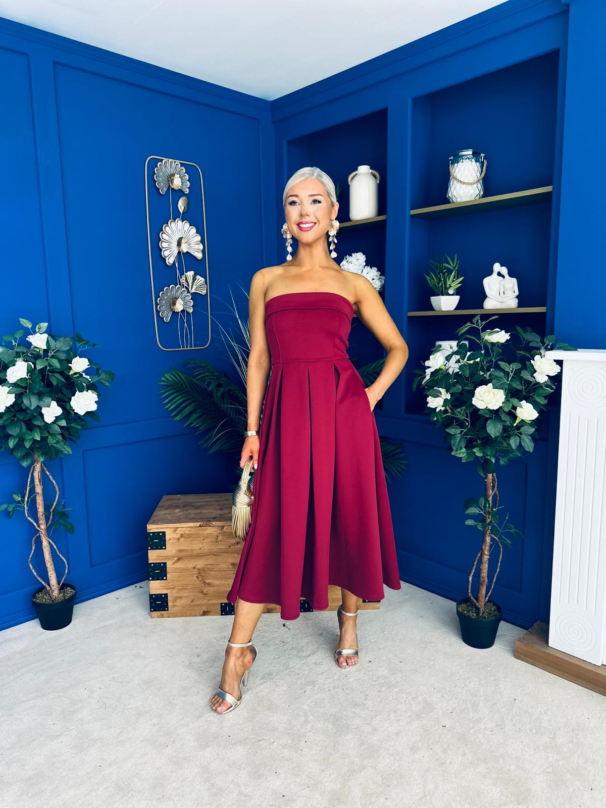 Danni Strapless Bandeau Midi Dress Wine