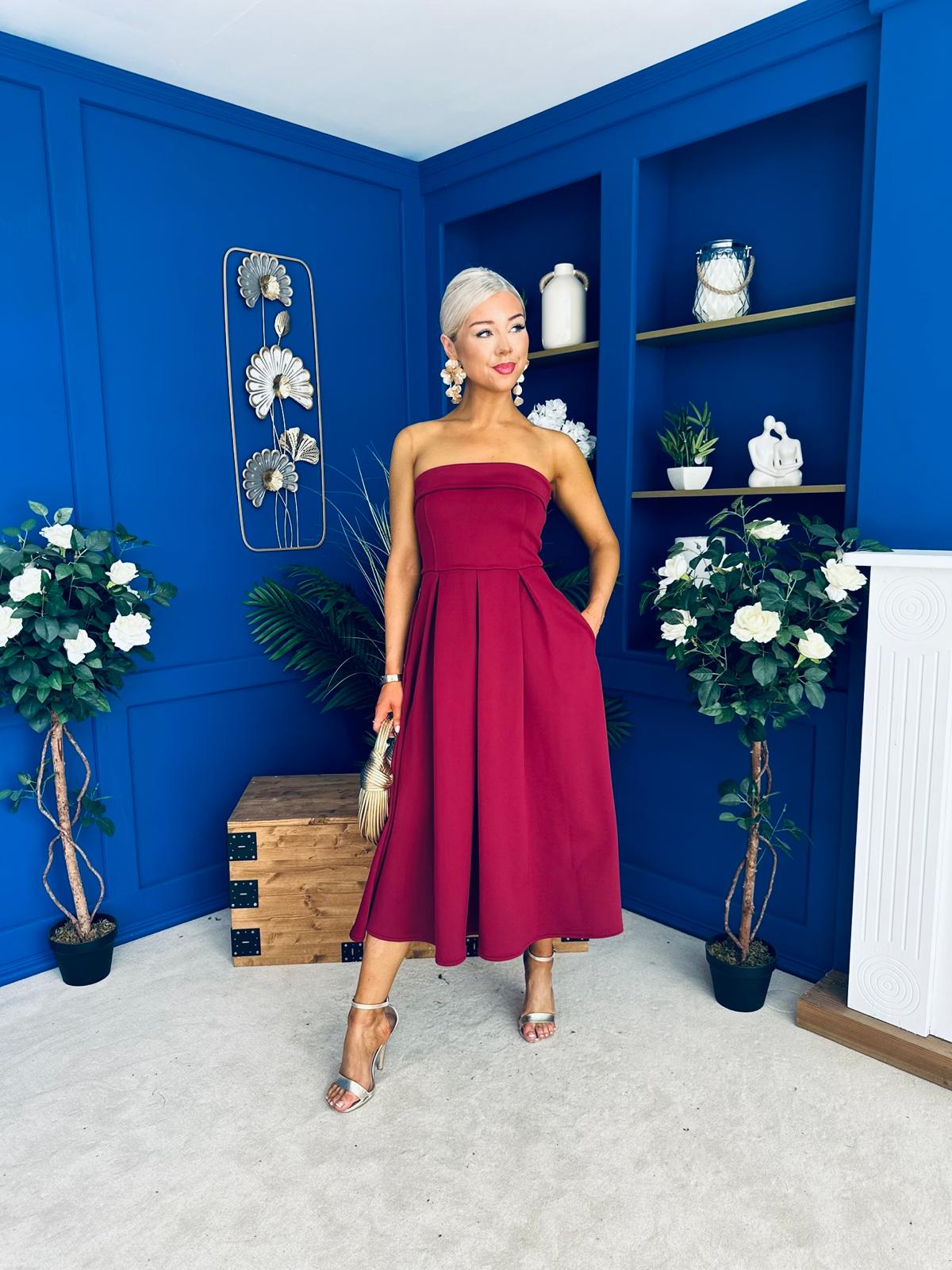 Danni Strapless Bandeau Midi Dress Wine