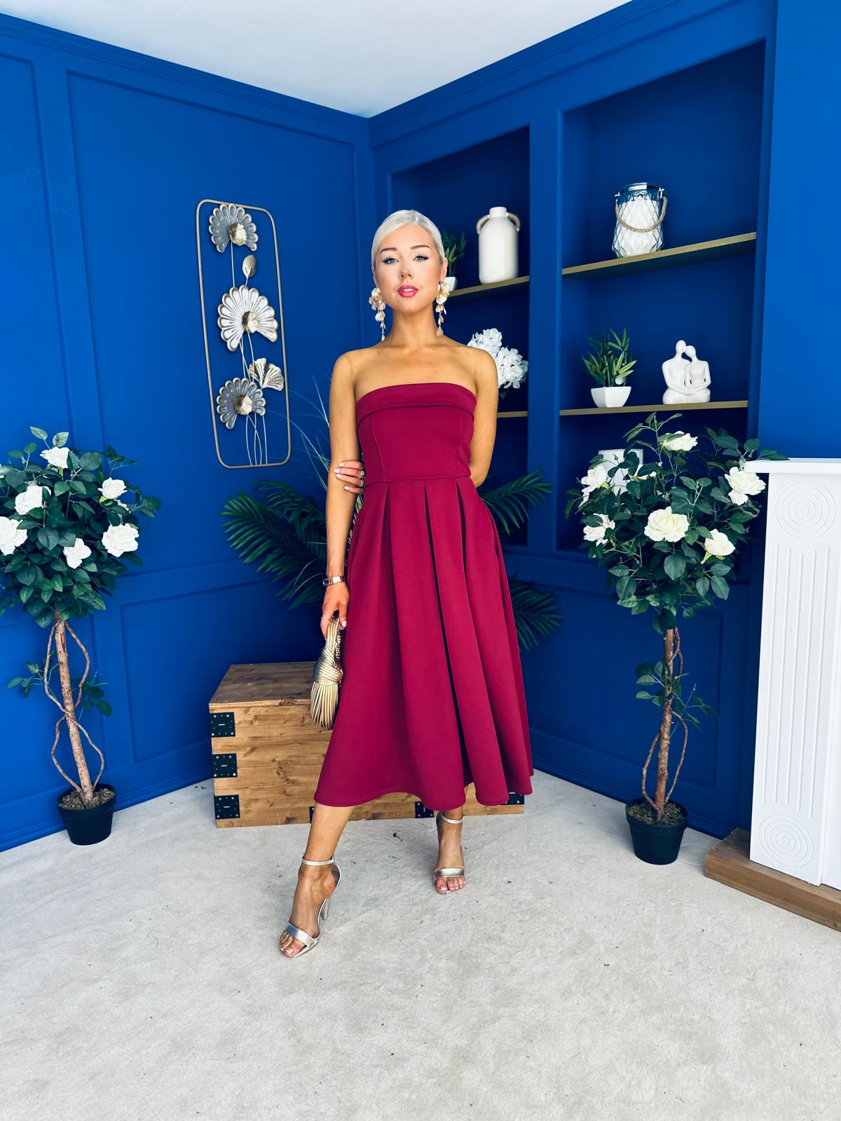 Danni Strapless Bandeau Midi Dress Wine