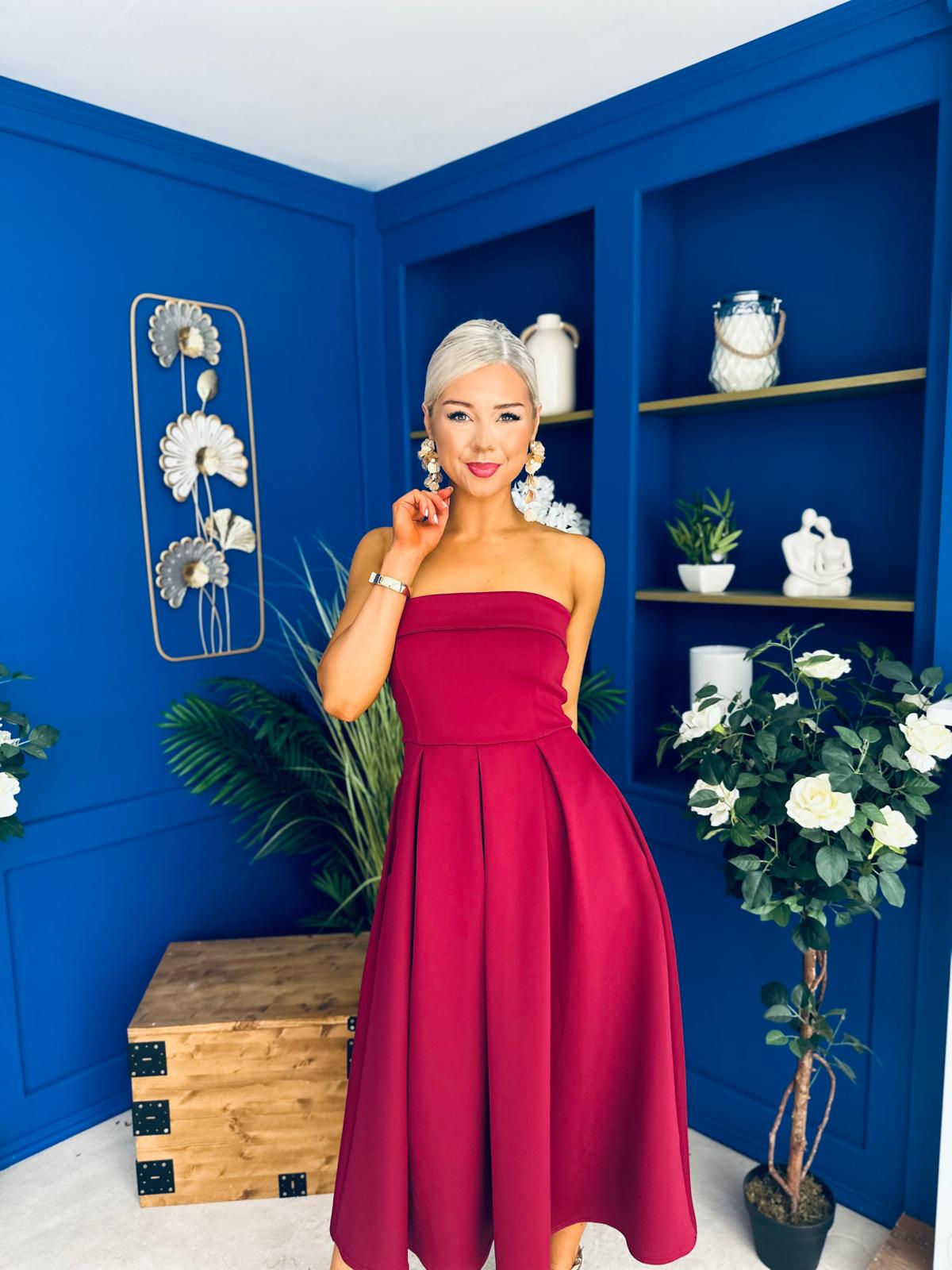 Danni Strapless Bandeau Midi Dress Wine