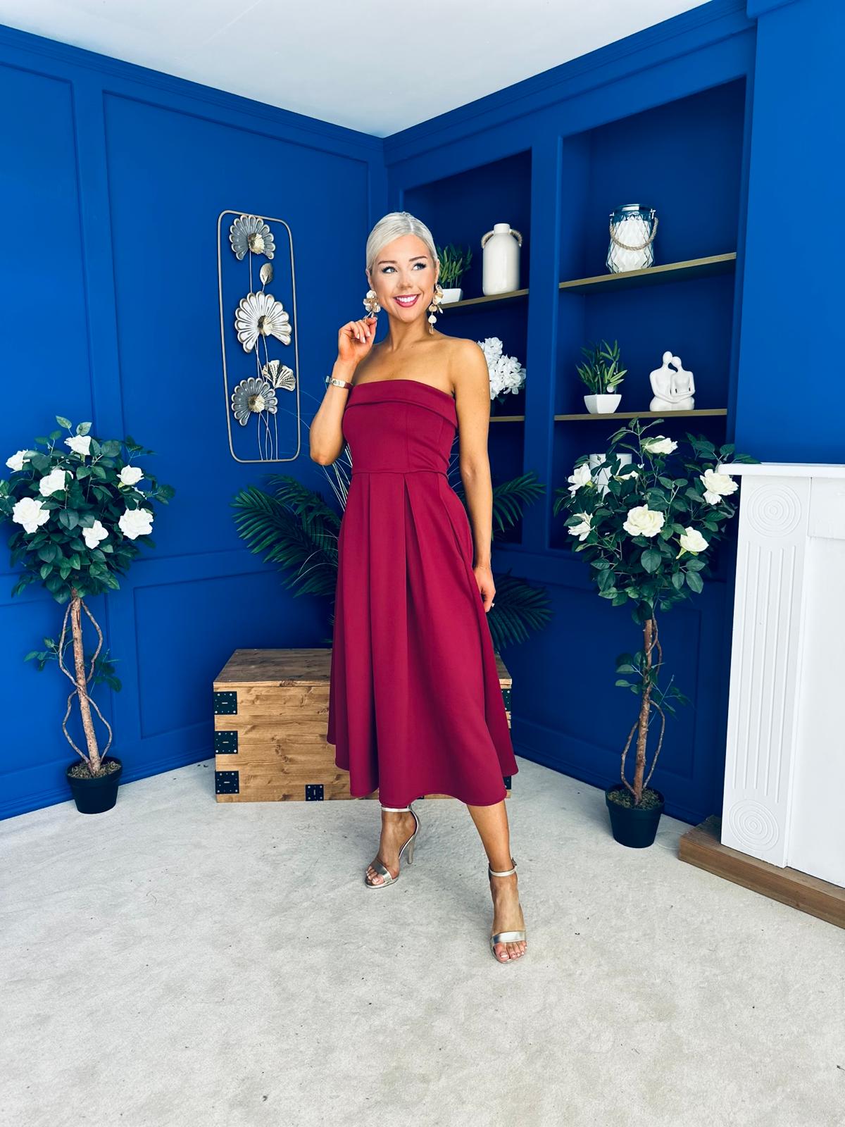 Danni Strapless Bandeau Midi Dress Wine