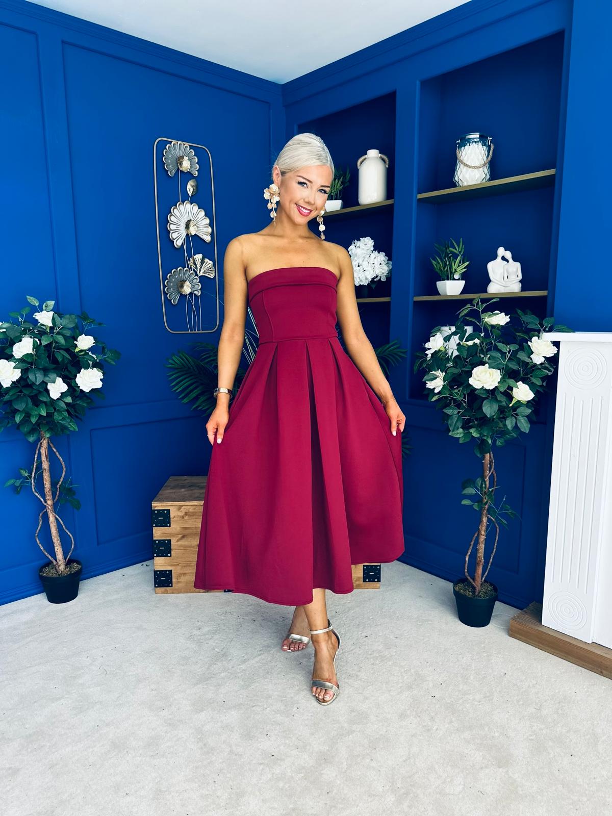Danni Strapless Bandeau Midi Dress Wine