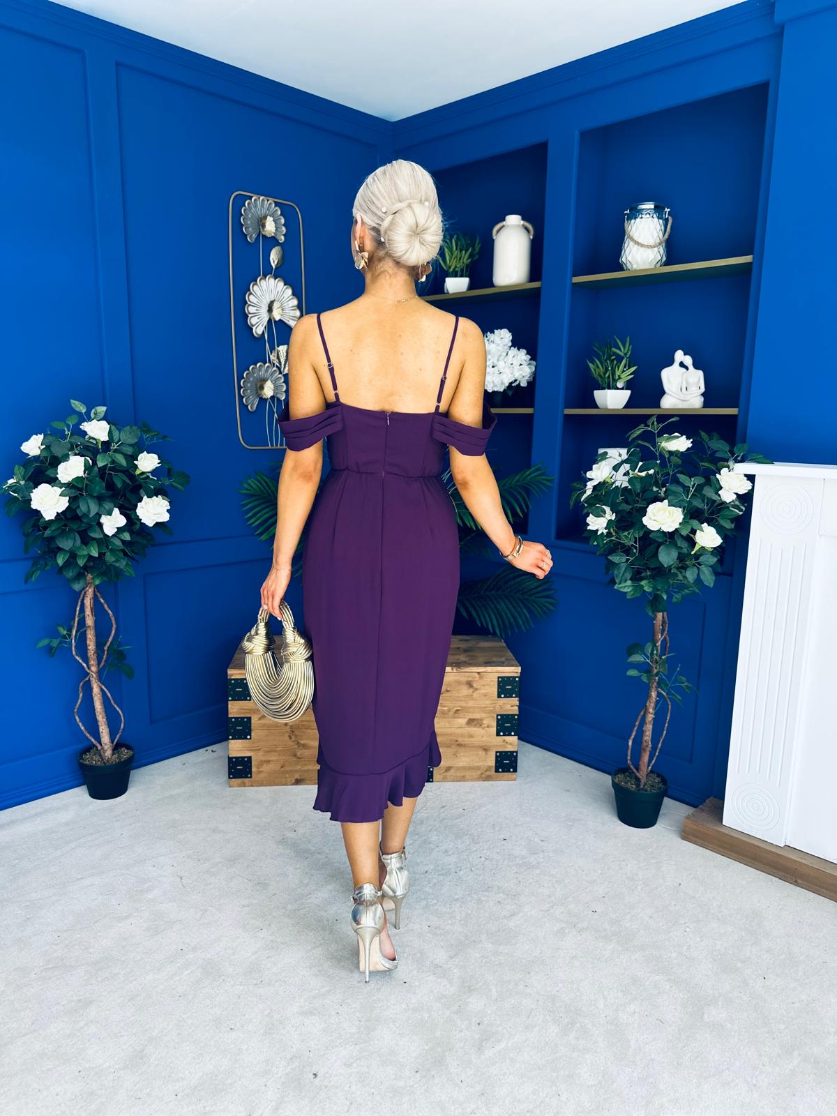 Kamilla Asym Off Shoulder Midi Dress Plum