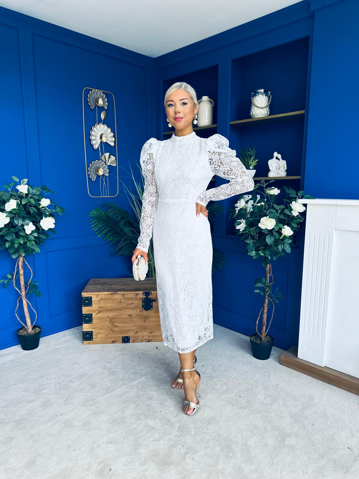 Naomi Puff Sleeve Lace Occasion Dress White